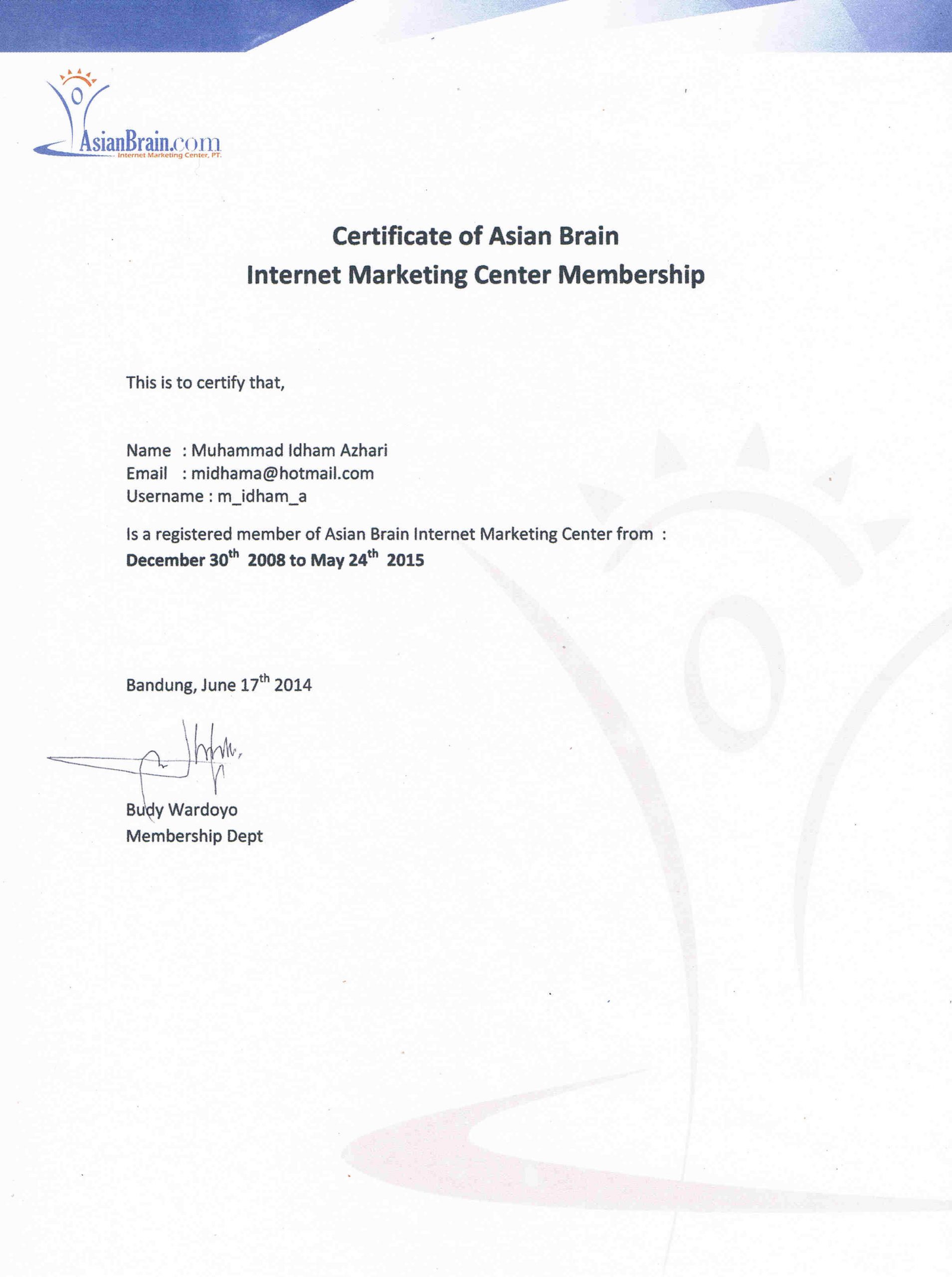 Certificate of Asian Brain Internet Marketing Center Membership